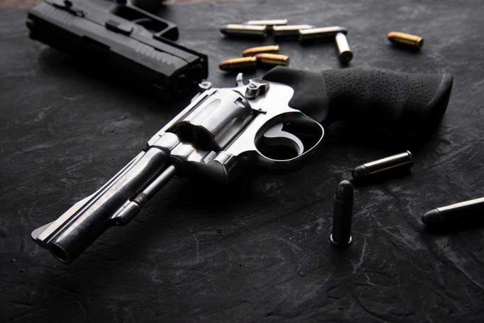 1938010207 Revolvers and bullets on a dark surface.