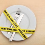 A plate with a fork and knife wrapped in yellow crime scene tape