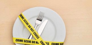 A plate with a fork and knife wrapped in yellow crime scene tape