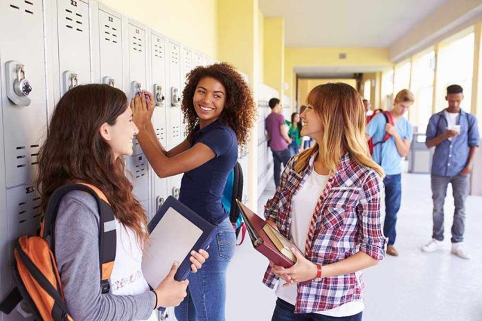 Three high school students interacting near lockers in a hallway
