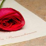 A red rose resting on a piece of paper with the words In Remembrance written on it