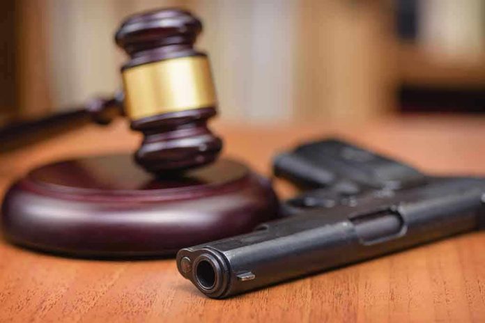 Gavel and handgun on a wooden surface.