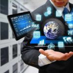 Businessman holding virtual data and analytics hologram.