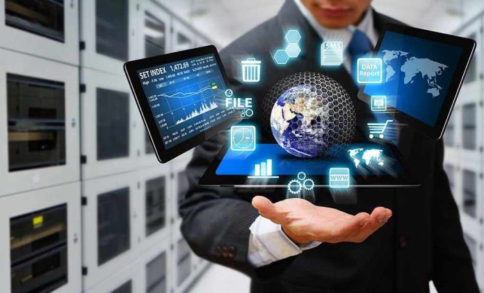 Businessman holding virtual data and analytics hologram.