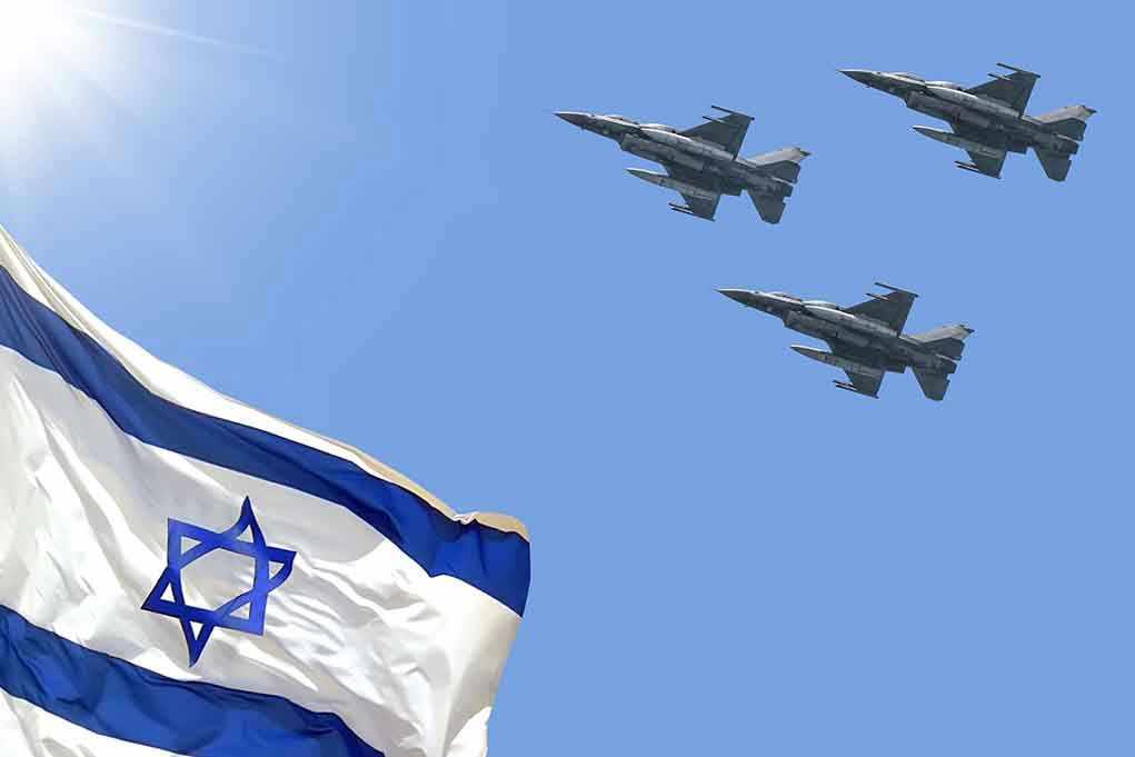 Israeli flag with three fighter jets in flight.