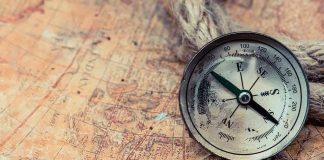 Old compass on a vintage map background.