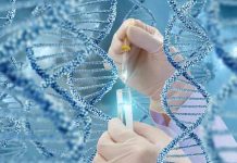 Hands with pipette and test tube surrounded by DNA strands.