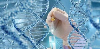 Hands with pipette and test tube surrounded by DNA strands.
