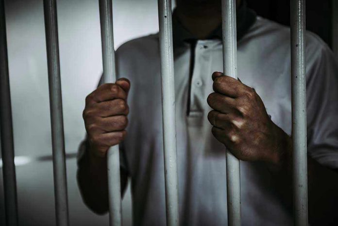 Person holding jail cell bars tightly.