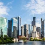Chicago skyline featuring modern skyscrapers along a river