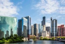 Chicago skyline featuring modern skyscrapers along a river