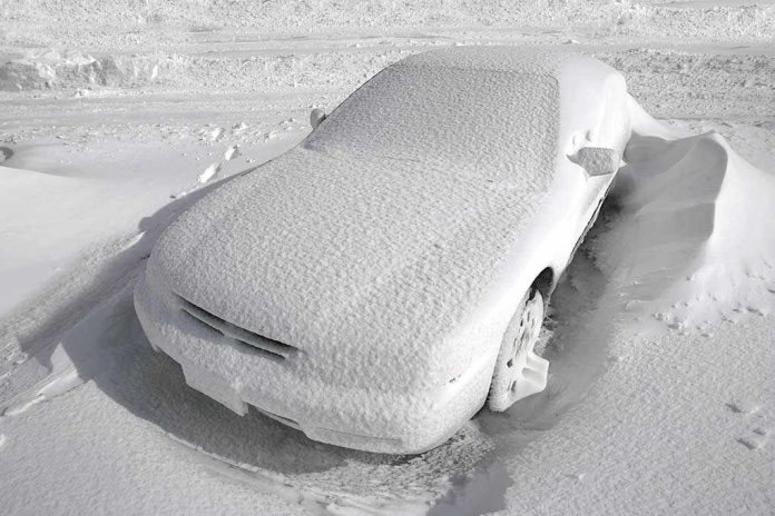 shutterstock_163100954.jpg A car completely covered in snow, surrounded by a winter landscape