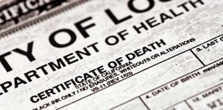 Close-up of a California death certificate document