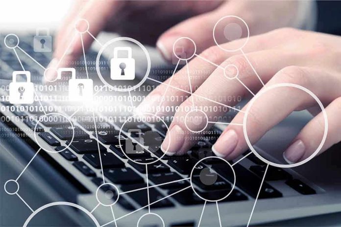 Hands typing with cybersecurity icons overlay.