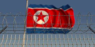 Barbed wire fence with North Korean flag behind.