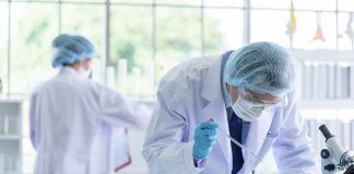 Scientists working in a laboratory with test tubes