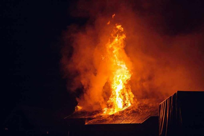Building engulfed in large flames at night.
