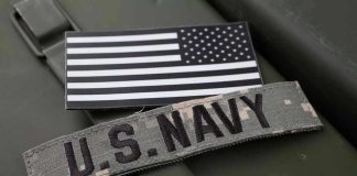 U.S. Navy patch with black-and-white American flag.