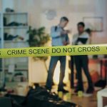 Crime scene with tape and investigators examining evidence.