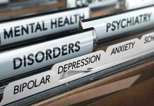 File folders labeled with mental health disorders and psychiatry.