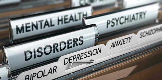 File folders labeled with mental health disorders and psychiatry.