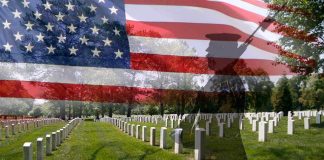 A military cemetery with white gravestones and an American flag overlay, featuring a soldier silhouette