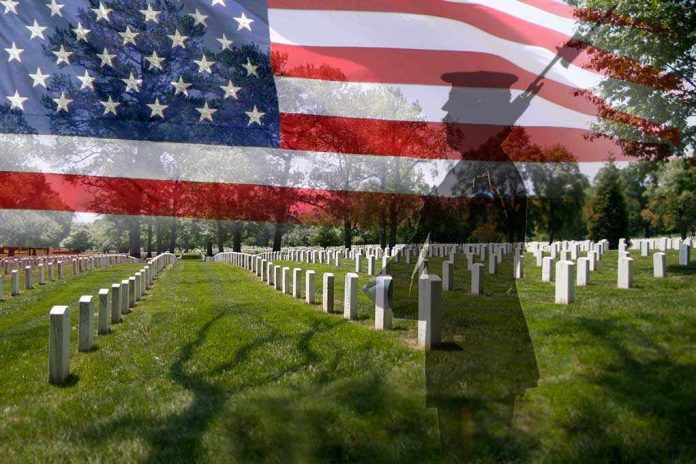 A military cemetery with white gravestones and an American flag overlay, featuring a soldier silhouette