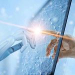 Robotic and human hands touching through a screen.