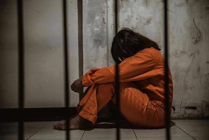 Person in orange jumpsuit sitting behind bars, head down.