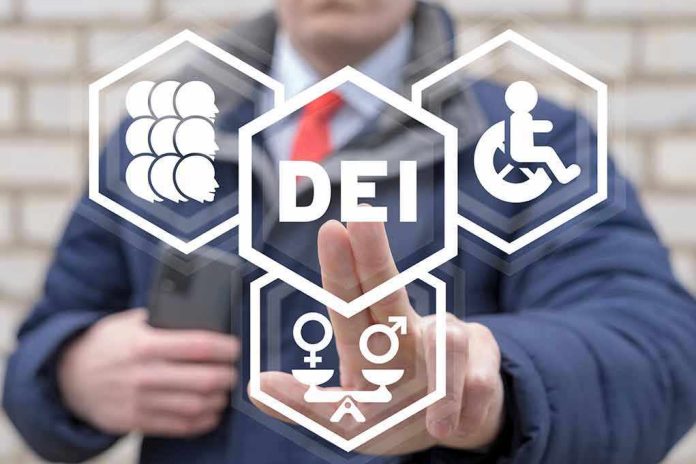 2116224122 Person pointing at DEI symbols on glass.