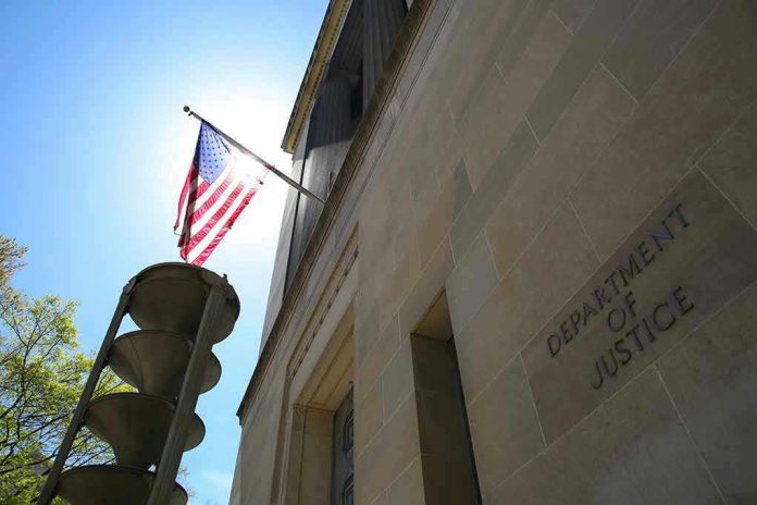 American flag at Department of Justice building exterior.