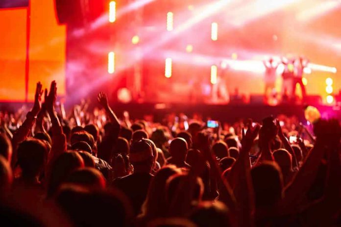 Crowd at concert with vibrant stage lights.