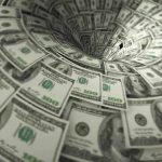Hundred-dollar bills swirling into a financial vortex.