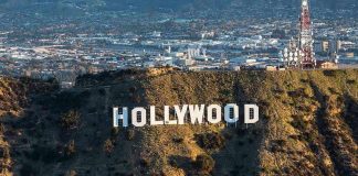 The Hollywood sign on a hillside.