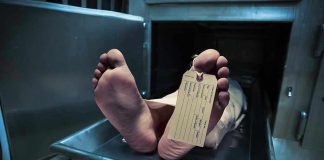 Body on morgue tray with toe tag