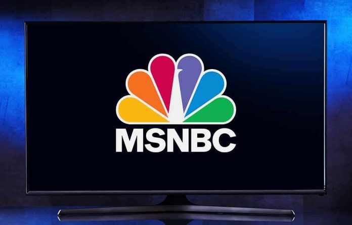 shutterstock_2139067205 MSNBC logo displayed on a television screen