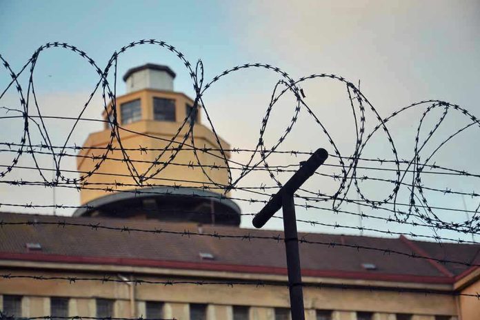 356278409 Barbed wire in front of a prison tower.