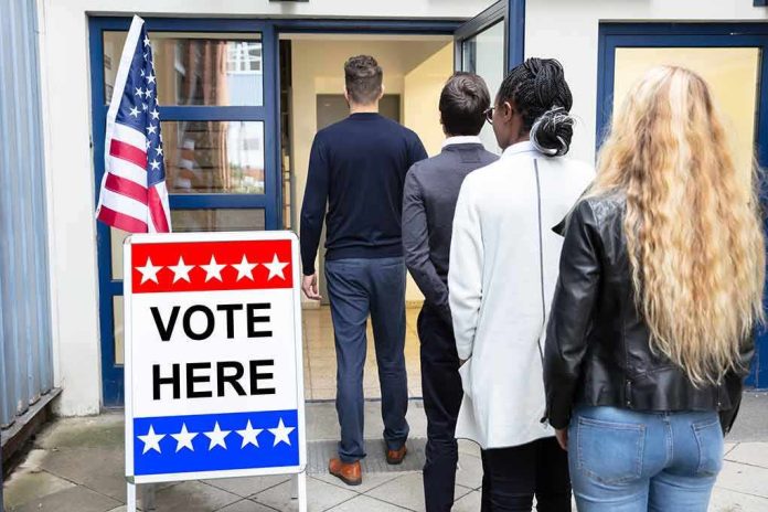 Voters standing in line at a polling place entrance