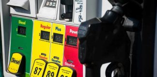 Gas pump with diesel, regular, plus, and premium fuel options