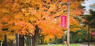 Autumn trees along a campus pathway with red banners on poles