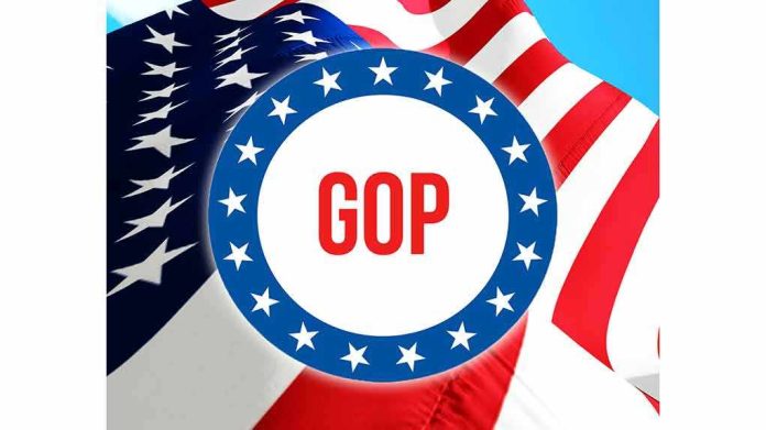 shutterstock_1391859614 GOP emblem over American flag