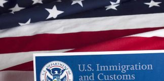 U.S. ICE document against American flag
