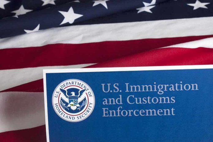 U.S. ICE document against American flag