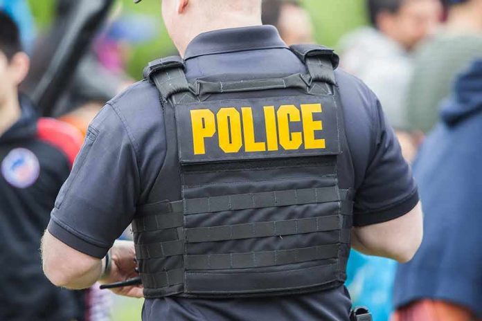 shutterstock_638260507 Police officer wearing a tactical vest in a crowd
