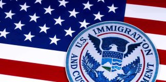 U.S. flag with ICE emblem
