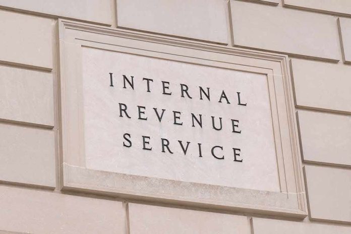 Internal Revenue Service building sign on a stone wall