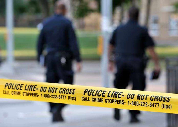 shutterstock_107853224 Police officers walking past caution tape at a crime scene