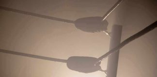 Wrestling Star Dead Hours After Final Match Boxing ring corner ropes in hazy light