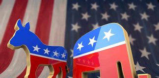 ‘F*ck That R*tard’: Senate Candidate Accused of Staff Abuse Democratic donkey and Republican elephant symbols on American flag backdrop