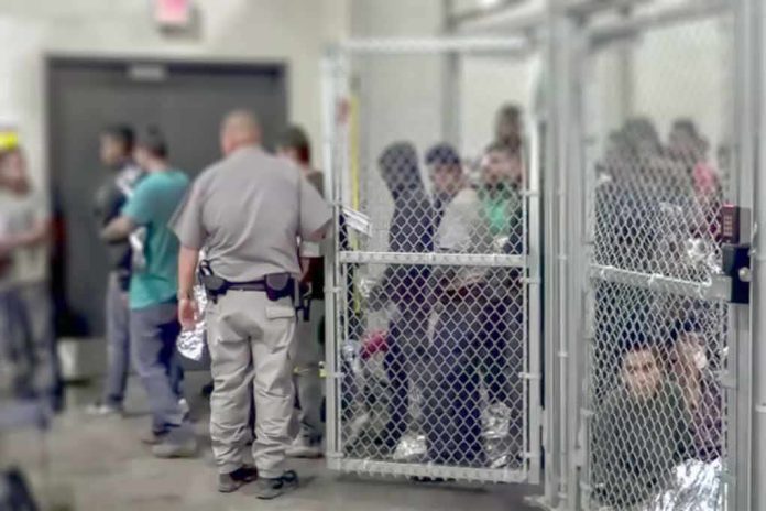 Detention facility with people behind chain-link fence and officer nearby